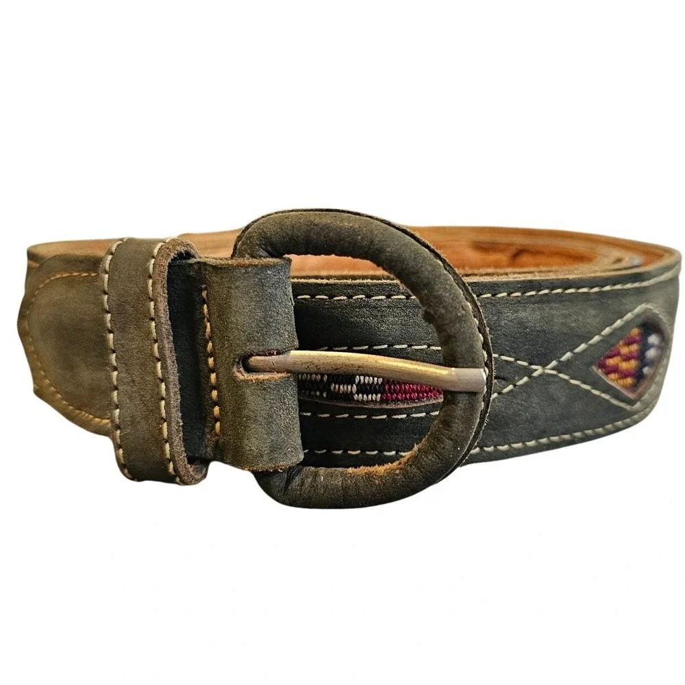 Southwestern Leather Belt Size 40 Green Diamond Inlay Western Boho Ranchcore‎